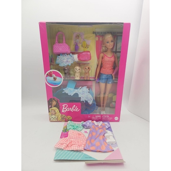 Mattel Barbie Puppy Bath Time Doll Set With Extra Outfits Box Damage - Picture 1 of 9